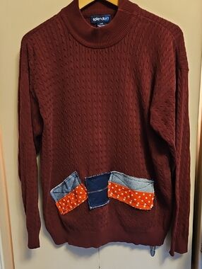 funk.u.self Maroon Cable-Knit Sweater with Patch Accents Sz Large Ptp 24